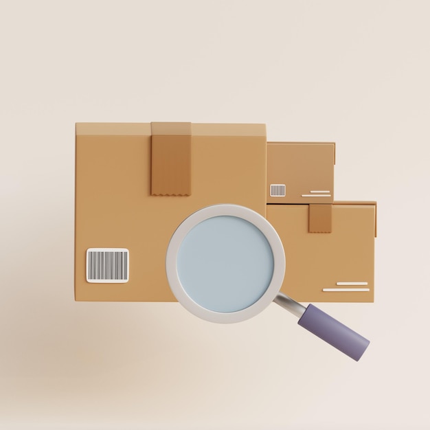Parcel or order tracking illustration cartoon magnifier glass searching or find package box concept of shipping logistic Package with magnifying glass 3d render illustration
