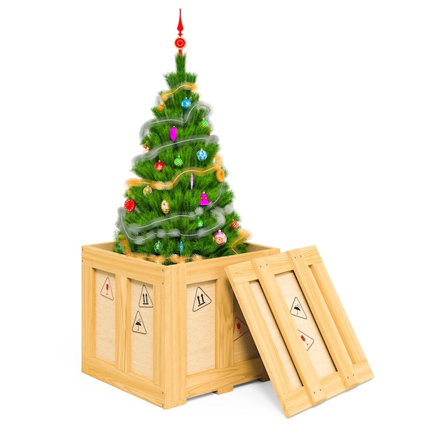 Parcel with Christmas tree Gift delivery concept 3D rendering