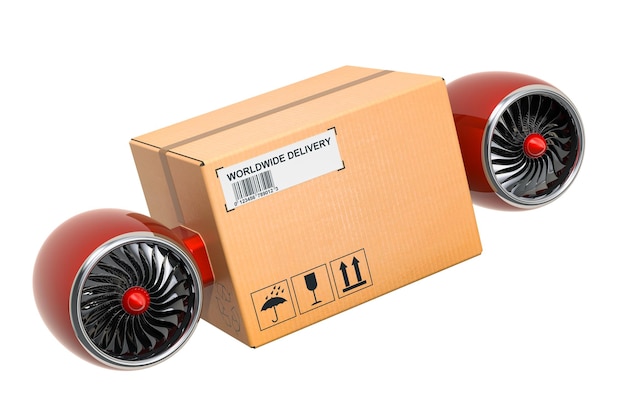Parcel with jet engines Fast delivery concept 3D rendering
