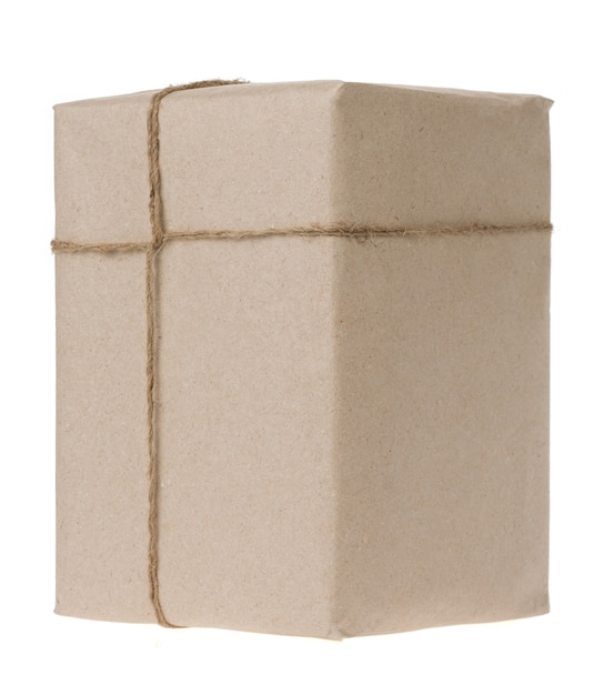 Parcel wrapped with brown paper tied rope isolated 