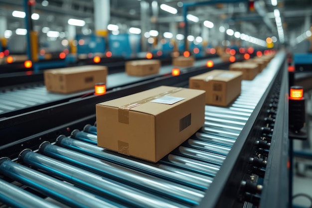 Parcels on a conveyor belt system in a large distribution center showcasing efficiency in modern