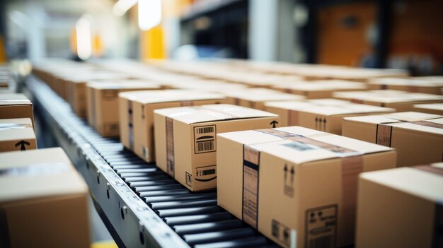 Photo parcels on conveyor belt in a warehouse