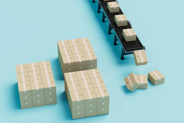 Parcels flying from the conveyor line next to folded boxes on a blue background 3d render