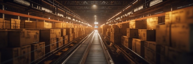 Parcels moving on a conveyor belt in a sorting center logistics and delivery concept Generative AI