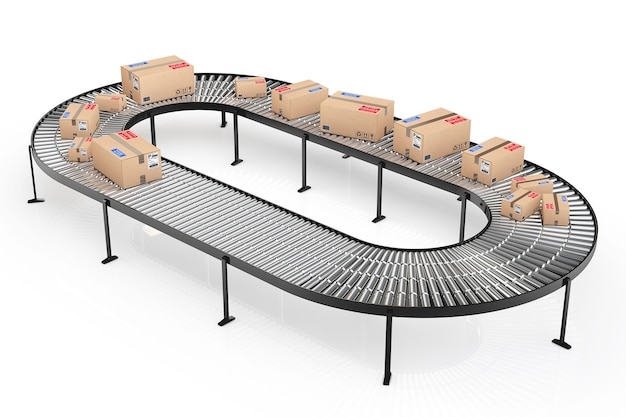 Parcels Transportation System Concept. Cardboard Boxes on Conveyor in Warehouse on a white background. 3d Rendering