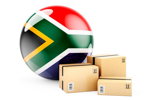 Parcels with flag of South Africa Shipping and delivery in South Africa concept 3D rendering