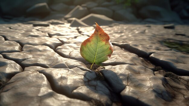 A parched land and a flourishing green leaf by a river climate change