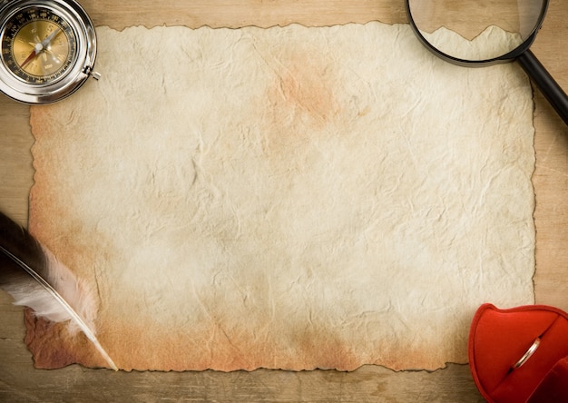 Parchment old paper and compass on wood