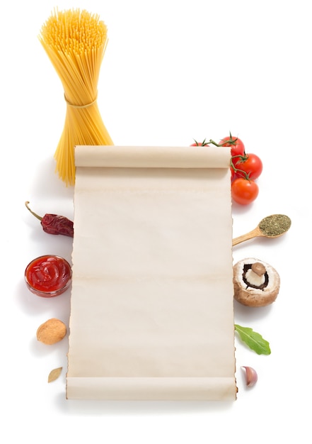 Photo parchment scroll and food  ingredient isolated on white