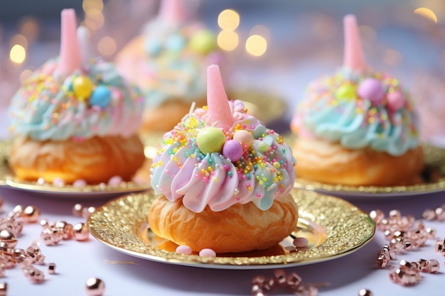 Parchments with different delicious donuts and bowls of sprinkles on white table