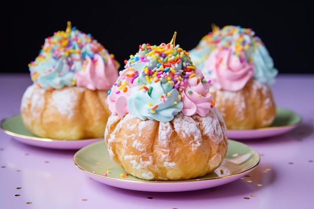 Parchments with different delicious donuts and bowls of sprinkles on white table