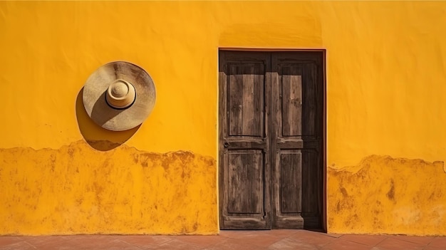 Photo pared amarilla antigua con puerta de madera y sombrero vietnamita ai generated