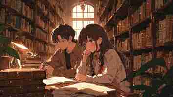 Photo pareja anime estudiando juntos en una antigua biblioteca rodeados de enormes estanterias y luz