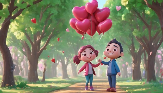 Foto pareja de enamorados caminando por el parque con globos en forma de corazon