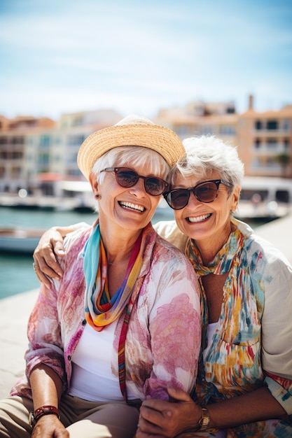 Pareja de personas mayores senior lesbianas LGTBY de vacaciones