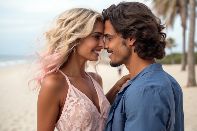 Pareja Feliz san Valentn en la playa sonriente y complice de dicha