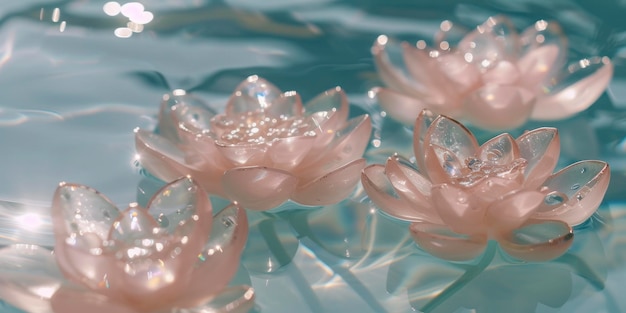Parel en doorzichtige kristal lotus bloem Serenity drijvend in een zwembad van water