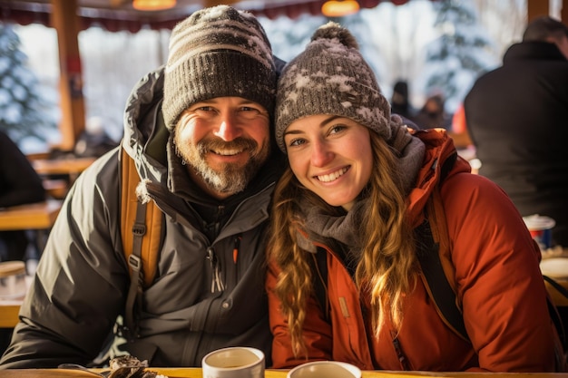 Paren die in winterkleding op sneeuwschoenen wandelen en pauzeren voor warme dranken en tosti's