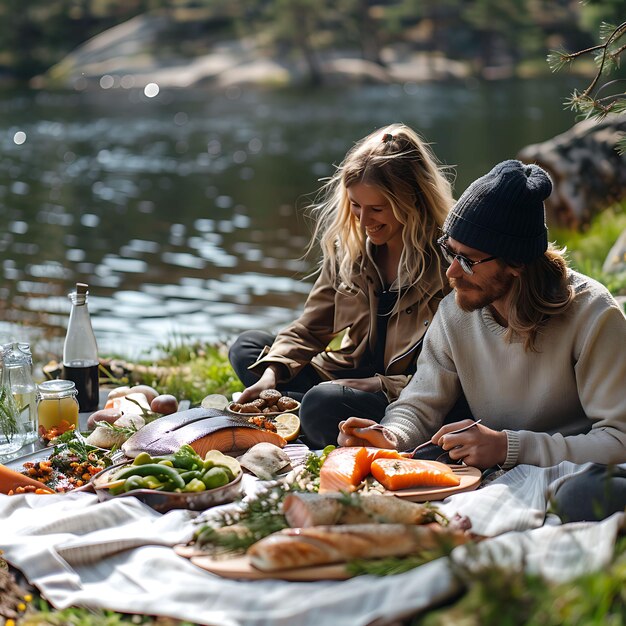 Foto paren genieten van een picknick bij een zweeds meer met gerookte salm neighbor holiday activities achtergrond