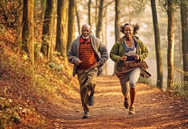 Foto paren joggen in het bos.