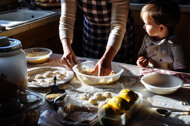 写真 親と子供が一緒にクッキーを焼き,甘い香りの成分に囲まれています.