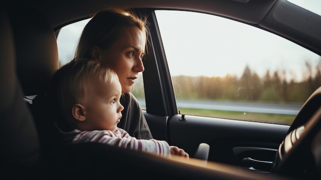 Parent and boy in car safety seat looking through the window Generative AI