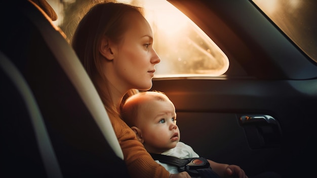 Parent and boy in car safety seat looking through the window Generative AI