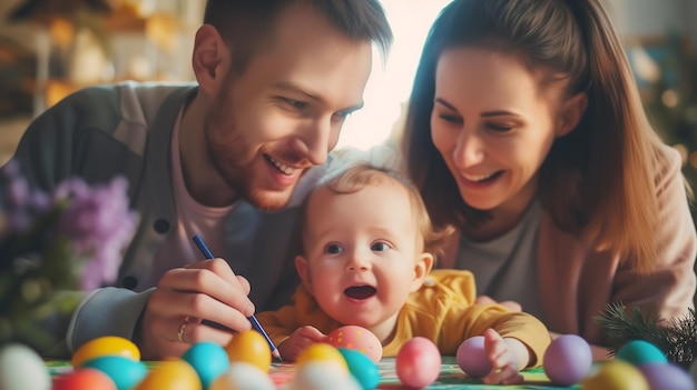 Parent and child painting easter eggs for festival