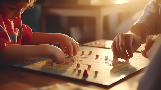 Parent and child playing board game at a lovely evening close up view