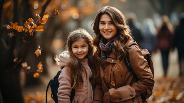 A parent and a preschooler a woman and a girl are carrying backpacks