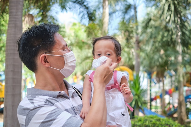 Parent putting mask on his Asian toddler girl child, Father and daughter wearing protective medical mask in public playground