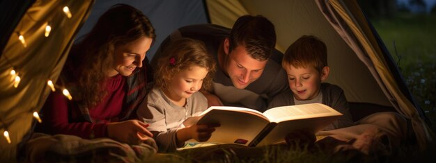 Parent reads a book to a child while camping in a tent in the countryside