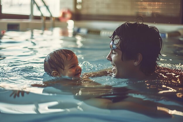 Photo a parent teaching their child how to swim in a pool