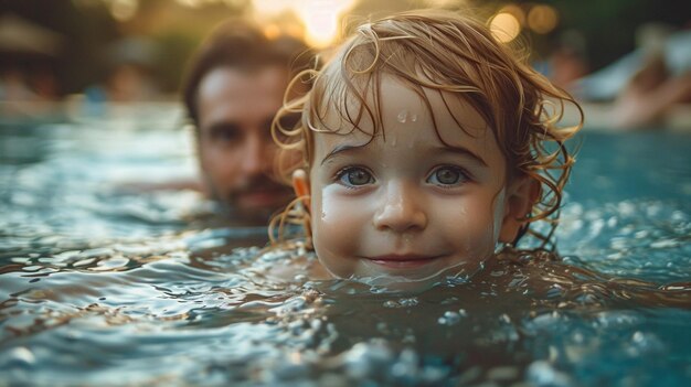 子供にプールで泳ぐように教える親