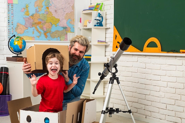 Parenting childhood pupil enjoy time with teacher father excited teach astronomy fathers day happy f