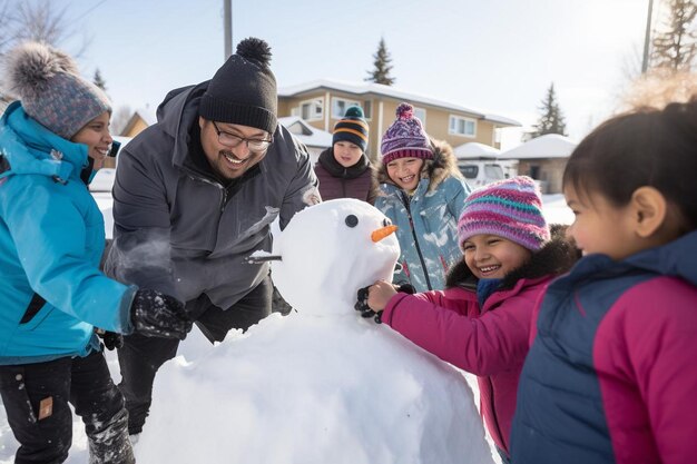 写真 両親と子供たち 雪人形を建てる ブロック 0 1jpg