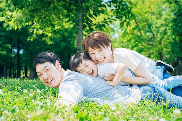 Parents and child lying on the meadow