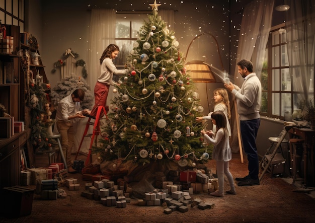 Parents and children decorating the Christmas tree together