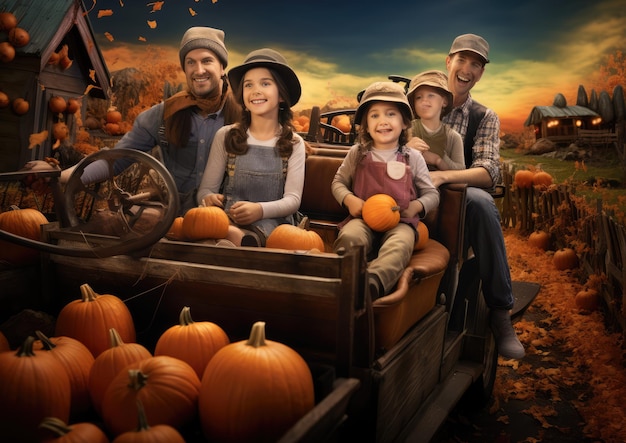 Parents and children enjoying a hayride at a pumpkin patch