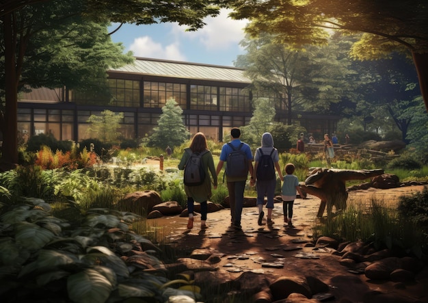 Parents and children exploring a park nature center