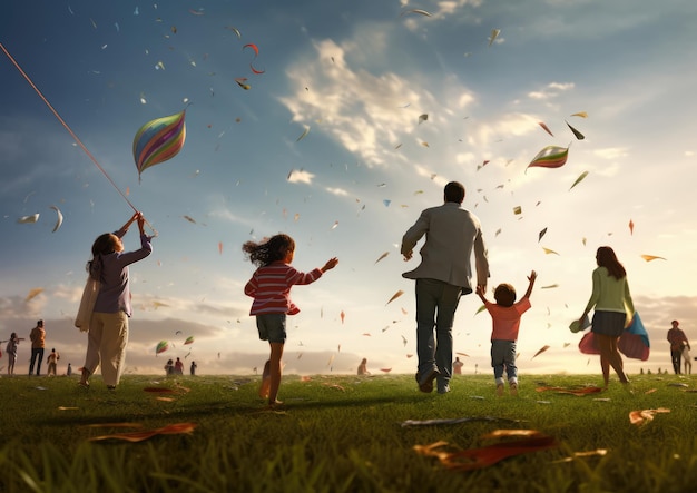 Parents and children flying kites together at a park