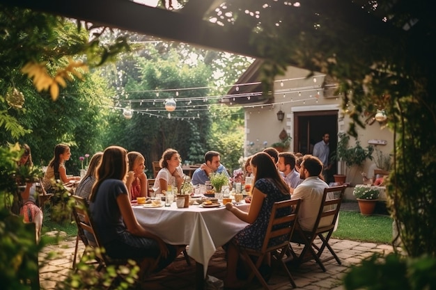 Photo parents children and friends gathered at a barbecue dinner table outside a beautiful home old and young people have fun eat and drink garden party celebration in a backyard