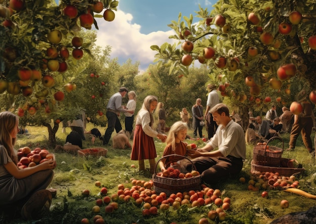 果樹園で一緒にリンゴを摘む親子
