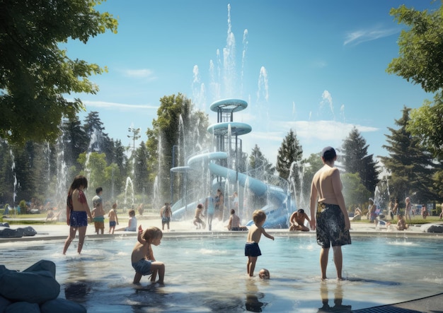 Parents and children playing on a park splash pad