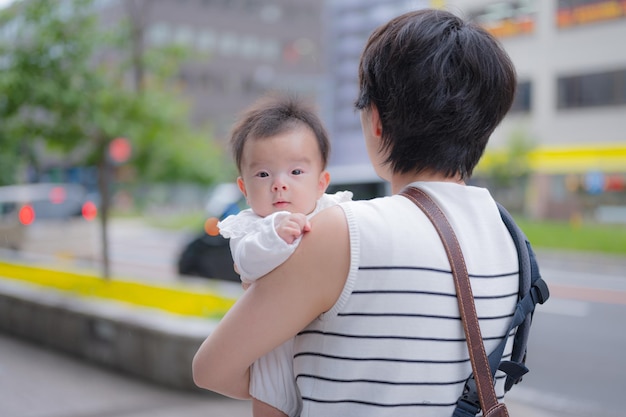 Parents and children walking in the city