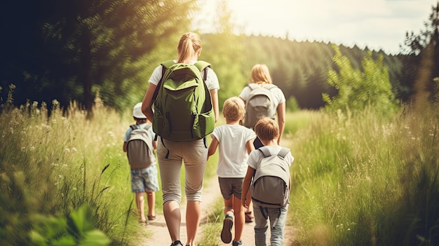 Parents and children walking hand in hand on a woodland trail