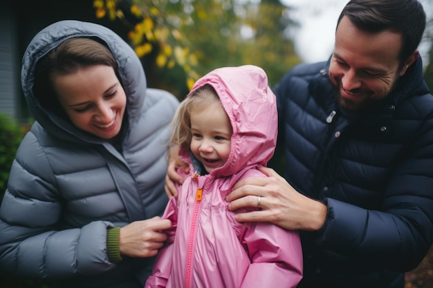 Parents dressing toddler for weather