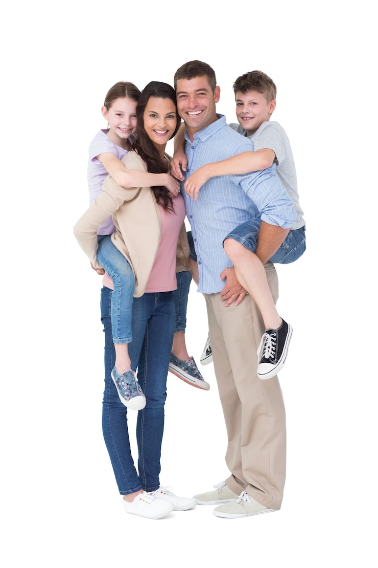 Photo parents giving piggyback ride to children over white background