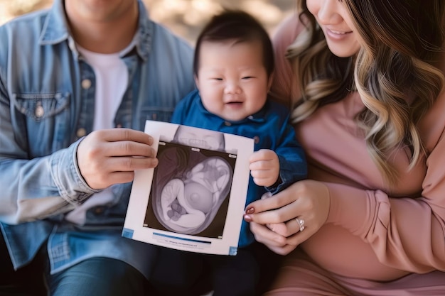 双子の超音波写真を握っている両親と息子のカット