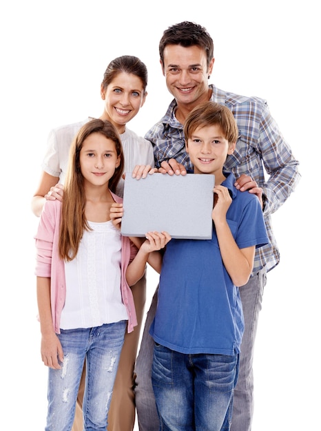 Parents kids and studio with space on placard in portrait with smile for love with empty board by white background Mother father and children with mockup promotion or happy for poster with family